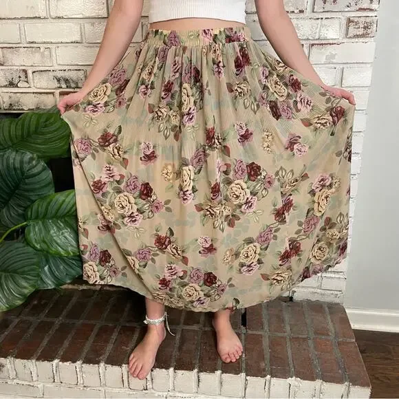 Vintage 90s Sag Harbor Floral Pleated A-line Slightly Sheer Maxi Skirt